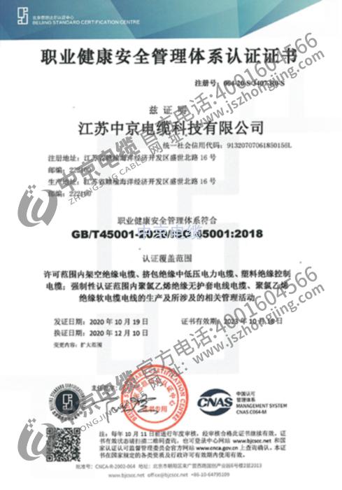 中京电缆 职业健康认证证书
